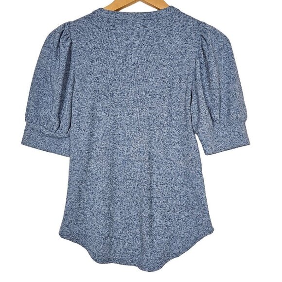 Chaser Ribbed Heather Blue Short Sleeve Henley Knit Top Puff Sleeves NWT Size S - Picture 4 of 7